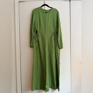 Zara Green Linen Blend Long Sleeve Dress